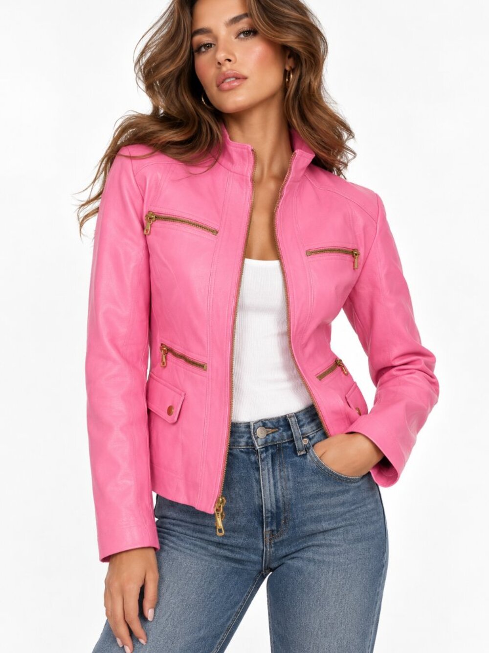 BLACK RIVET Genuine Leather Moto Jacket Barbie Pink Medium